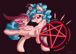 Size: 2480x1754 | Tagged: safe, artist:dankpegasista, derpibooru exclusive, imported from derpibooru, cozy glow, alicorn, pony, alicornified, big grin, cozycorn, evil, female, filly, foal, grin, highlights, magic, pentagram, pure concentrated unfiltered evil of the utmost potency, pure unfiltered evil, race swap, raised hoof, red eyes, satanic, shading, smiling, solo, spread wings, summoning, wings