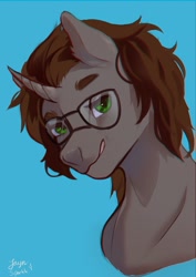 Size: 2480x3508 | Tagged: safe, artist:jaynsparkle, imported from derpibooru, oc, oc only, pony, unicorn, blue background, bust, commission, glasses, horn, simple background, smiling, solo, unicorn oc