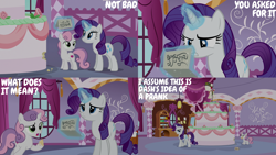 Size: 2000x1125 | Tagged: safe, edit, edited screencap, editor:quoterific, imported from derpibooru, screencap, rarity, sweetie belle, pony, unicorn, 28 pranks later, cake, carousel boutique, food, implied rainbow dash