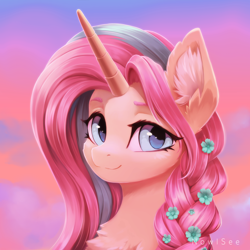 Size: 2000x2000 | Tagged: safe, artist:inowiseei, imported from derpibooru, oc, oc only, oc:rapunzel shy, pony, unicorn, braid, bust, chest fluff, ear fluff, female, flower, flower in hair, high res, horn, looking at you, mare, portrait, signature, solo, unicorn oc