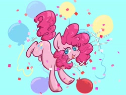 Size: 4096x3104 | Tagged: safe, artist:lynuscattips, imported from derpibooru, pinkie pie, earth pony, pony, balloon, blue background, confetti, cute, cyan background, diapinkes, female, high res, mare, open mouth, open smile, simple background, smiling, solo