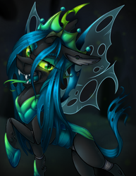 Size: 2550x3300 | Tagged: safe, artist:mychelle, imported from derpibooru, queen chrysalis, changeling, changeling queen, black background, crown, digital art, eye clipping through hair, eyebrows, eyeshadow, fangs, female, green eyes, high res, hoof shoes, horn, insect wings, jewelry, lidded eyes, looking at you, makeup, open mouth, peytral, raised hoof, regalia, signature, simple background, smiling, smiling at you, solo, spread wings, teeth, ultimate chrysalis, wings