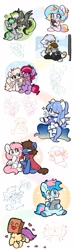 Size: 1215x4096 | Tagged: safe, artist:oofycolorful, imported from derpibooru, oc, oc:anticular, oc:bizarre song, oc:blue chewings, oc:elli, oc:graphite sketch, oc:jelly, oc:ninny, oc:oofy colorful, oc:paper bag, oc:sugar morning, bread, cape, chicken meat, chicken nugget, clothes, cute, drawing, fake cutie mark, floating heart, flower, food, heart, meat, ocbetes, rose, simple background, sparkles, toast, unshorn fetlocks, white background