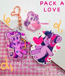 Size: 1096x1280 | Tagged: safe, artist:yun_nhee, imported from derpibooru, princess cadance, twilight sparkle, unicorn, advertisement, arrow, bow (weapon), bow and arrow, floating heart, heart, keychain, merchandise, sticker, unicorn twilight, weapon