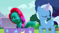 Size: 1280x720 | Tagged: safe, edit, edited screencap, imported from derpibooru, screencap, trixie, earth pony, pony, unicorn, no second prances, season 6, spoiler:my little pony: make your mark, spoiler:my little pony: make your mark chapter 2, spoiler:myms01e02, chest, duo, duo female, earth pony magic, eyes closed, female, g5, glowing, glowing horn, growing pains, horn, jazz has no ears, jazz hooves, jazz hooves is not amused, levitation, looking at something, magic, my little pony: make your mark, my little pony: make your mark chapter 2, no ears, outdoors, raised hoof, random, silly, silly pony, telekinesis, unamused