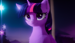 Size: 696x400 | Tagged: safe, imported from derpibooru, twilight sparkle, pony, unicorn, ai content, ai generated, detailed, eyes open, female, fur, generator:stable diffusion, horn, mare, night, realistic, solo, stars, unicorn twilight