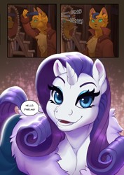 Size: 744x1052 | Tagged: safe, artist:melapraxis, imported from derpibooru, capper dapperpaws, rarity, abyssinian, cat, pony, unicorn, comic:come in rarity, brushing, chest fluff, clothes, coat, comb, comic, female, klugetown, mare, mirror, onomatopoeia, smiling