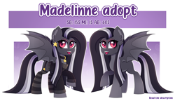 Size: 3542x2045 | Tagged: safe, artist:madelinne, imported from derpibooru, oc, oc only, bat pony, adoptable, adoptable open, adoption, bat pony oc, clothes, collar, happy, long hair, reference sheet, simple background, socks, solo, stars, striped socks, white background