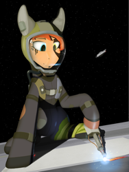 Size: 3000x4000 | Tagged: safe, artist:apuljack, imported from derpibooru, oc, oc only, oc:rusty gears, earth pony, pony, female, heterochromia, hoof hold, mare, solo, space, spacesuit, the expanse, welding