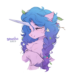 Size: 2018x2104 | Tagged: safe, artist:spoosha, imported from derpibooru, izzy moonbow, sunny starscout, pony, unicorn, braid, chest fluff, crystal, ear fluff, female, flower, flower in hair, g5, jewelry, mare, pigtails, simple background, solo, unshorn fetlocks, white background
