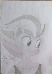 Size: 2381x3381 | Tagged: artist needed, safe, imported from derpibooru, night glider, anthro, pegasus, female, mare, pencil drawing, smiling, solo, traditional art