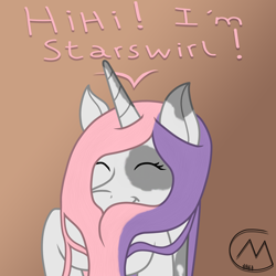 Size: 3200x3200 | Tagged: safe, artist:maître cervidé, imported from derpibooru, oc, oc only, oc:arcana glyph, unicorn, female, gradient background, imitation, laughing, not sweetie belle, solo