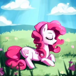 Size: 1024x1024 | Tagged: safe, imported from derpibooru, pinkie pie, ai content, ai generated, eyes closed, meadow, sleeping