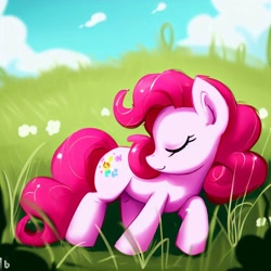 Size: 1024x1024 | Tagged: safe, imported from derpibooru, pinkie pie, ai content, ai generated, eyes closed, meadow, sleeping