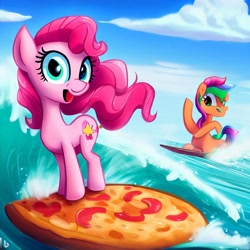 Size: 1024x1024 | Tagged: safe, imported from derpibooru, pinkie pie, ai content, ai generated, food, ocean, pizza, surfing, water, what has science done