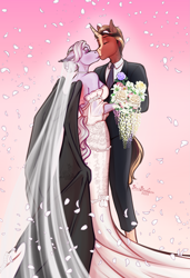 Size: 2265x3302 | Tagged: safe, artist:blackblood-queen, imported from derpibooru, oc, oc only, oc:firefall, oc:violet thorn, anthro, bat pony, unguligrade anthro, unicorn, anthro oc, bat pony oc, bouquet, bouquet of flowers, clothes, commission, couple, digital art, dress, eyes closed, female, flower, flower petals, happy, horn, husband and wife, kiss on the lips, kissing, male, mare, marriage, married, married couple, oc x oc, petals, rose, shipping, stallion, straight, suit, unicorn oc, viofall, wedding, wedding dress, wedding veil