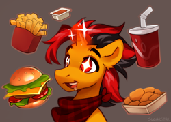 Size: 3184x2286 | Tagged: safe, artist:sugarstar, imported from derpibooru, oc, oc:selest light, pony, unicorn, burger, drink, drool, drool on face, food, french fries, hamburger, horn, magic, solo, sparkles, unicorn oc