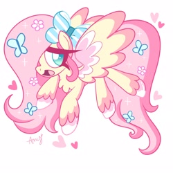 Size: 2048x2048 | Tagged: safe, artist:ammers_arts, imported from derpibooru, fluttershy, butterfly, pegasus, pony, bow, cute, female, hair bow, heart, high res, mare, open mouth, shyabetes, signature, simple background, solo, spread wings, white background, wings