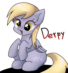 Size: 868x940 | Tagged: safe, artist:namaenonaipony, imported from derpibooru, derpy hooves, pegasus, pony, cute, derpabetes, female, folded wings, mare, open mouth, simple background, sitting, solo, white background, wings