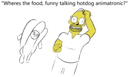 Size: 750x456 | Tagged: safe, artist:boxybrown, imported from derpibooru, female, food, homer simpson, hot dog, mare, meat, sausage, simple background, text, white background
