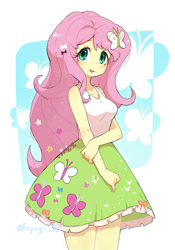 Size: 2100x3000 | Tagged: safe, artist:fuyugi, imported from derpibooru, fluttershy, human, equestria girls, bare shoulders, breasts, butterfly hairpin, clothes, cute, dress, female, legs together, looking at you, open mouth, shyabetes, sleeveless, solo