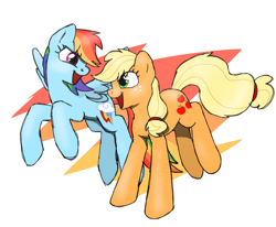 Size: 880x724 | Tagged: source needed, safe, artist:solixy406, imported from derpibooru, applejack, rainbow dash, earth pony, pegasus, pony, female, flying, freckles, looking at each other, looking at someone, mare, open mouth, open smile, simple background, smiling, spread wings, white background, wings