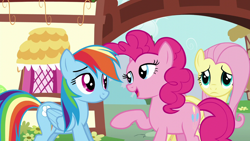 Size: 1280x720 | Tagged: safe, imported from derpibooru, screencap, fluttershy, pinkie pie, rainbow dash, earth pony, pegasus, pony, flutter brutter, building, cloud, female, flower, folded wings, grass, house, lidded eyes, looking at each other, looking at someone, mare, ponyville, raised hoof, sky, standing, trio, wings