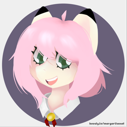 Size: 3000x3000 | Tagged: safe, artist:margaritaenot, imported from derpibooru, pony, anime, anya forger, green eyes, pink hair, simple background, smiling, solo, spy x family