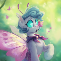 Size: 3000x3000 | Tagged: safe, artist:jewellier, imported from derpibooru, oc, oc only, oc:silk fly, butterfly, butterfly pony, changedling, changeling, hybrid, original species, pony, :o, abstract background, ai assisted, ai content, butterfly on nose, cute, female, green background, hybrid oc, insect on nose, mare, open mouth, raised hoof, simple background, solo, surprised