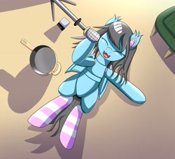 Size: 4096x3724 | Tagged: safe, artist:trackheadtherobopony, imported from derpibooru, oc, oc only, oc:flower popen, bat pony, pony, robot, robot pony, belly, clothes, female, gynoid, lying down, microphone, pot, singing, socks, solo, striped socks