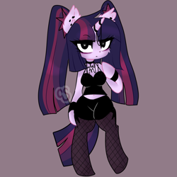 Size: 1805x1805 | Tagged: safe, artist:cutiesparke, imported from derpibooru, twilight sparkle, anthro, unguligrade anthro, unicorn, alternate design, alternate hairstyle, arm hooves, bracelet, breasts, choker, clothes, collar, eyelashes, eyeliner, eyeshadow, female, fishnets, horn, horn jewelry, horn ring, jewelry, makeup, pigtails, ring, shorts, simple background, solo, twintails, unicorn twilight