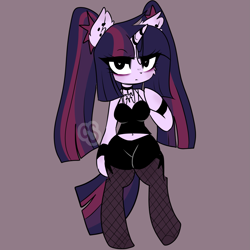 Size: 1805x1805 | Tagged: safe, alternate version, artist:cutiesparke, imported from derpibooru, twilight sparkle, anthro, unguligrade anthro, unicorn, alternate design, alternate hairstyle, arm hooves, bracelet, breasts, choker, clothes, collar, eyelashes, eyeliner, eyeshadow, female, fishnets, horn, horn jewelry, horn ring, jewelry, makeup, no shading, pigtails, ring, shorts, simple background, solo, twintails, unicorn twilight