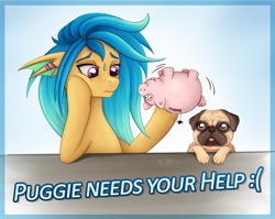 Size: 1693x1349 | Tagged: safe, artist:puggie, imported from derpibooru, oc, oc:calypso glitterfin, oc:puggie, dog, merpony, pug, pain, piggy bank, sad, text