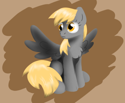 Size: 880x724 | Tagged: safe, artist:solixy406, imported from derpibooru, derpy hooves, pegasus, pony, abstract background, brown background, chest fluff, derp, female, full body, mare, simple background, sitting, solo, spread wings, wings