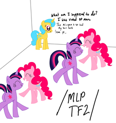 Size: 1500x1587 | Tagged: safe, artist:capital_t, imported from derpibooru, lemon hearts, pinkie pie, twilight sparkle, earth pony, pony, unicorn, /mlp/ tf2 general, butt, dancing, dialogue, dock, female, mare, meme, plot, smiling, tail, text, unicorn twilight