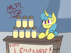 Size: 3340x2476 | Tagged: safe, imported from derpibooru, lemon hearts, pony, unicorn, /mlp/ tf2 general, blood, female, jar, jarate, juice, lemonade, mare, pee in container, seems legit, sign, smiling, solo, table, team fortress 2, text, urine