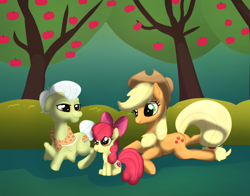 Size: 900x704 | Tagged: safe, artist:opal2023, imported from derpibooru, apple bloom, applejack, granny smith, earth pony, pony, apple, apple tree, butt, cute, family, farm, female, filly, foal, mare, plot, tree