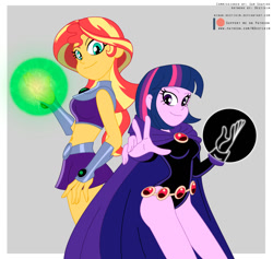 Size: 1317x1250 | Tagged: safe, artist:niban-destikim, imported from derpibooru, sunset shimmer, twilight sparkle, human, equestria girls, belly button, clothes, commission, crossover, dc comics, duo, duo female, female, glowing hands, looking at you, midriff, raven (dc comics), smiling, smiling at you, starfire, tara strong, teen titans, twiraven, voice actor joke