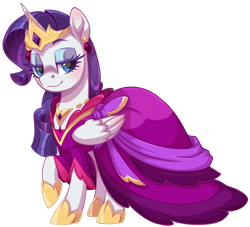 Size: 1893x1722 | Tagged: safe, artist:moonseeker, imported from derpibooru, rarity, alicorn, pony, alicornified, clothes, crown, dress, ear piercing, earring, female, gown, horn, jewelry, lidded eyes, looking at you, mare, piercing, princess, princess costume, race swap, raricorn, simple background, solo, transparent background