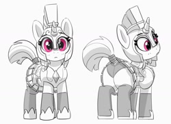 Size: 1199x866 | Tagged: safe, artist:pabbley, imported from derpibooru, pony, unicorn, armor, butt, clothes, cute, female, grayscale, guardsmare, helmet, hoof shoes, horn, looking at you, mare, monochrome, panties, partial color, plot, raised tail, royal guard, simple background, skirt, socks, solo, tail, tail wrap, underwear, upskirt, white background