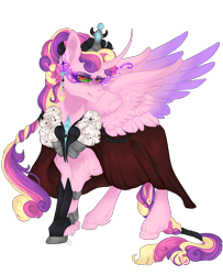 Size: 2856x3525 | Tagged: safe, artist:nightbootypaw, imported from derpibooru, princess cadance, alicorn, pony, clothes, corrupted, crown, curved horn, digital art, dress, evil, evil cadance, evil grin, eyeshadow, feather, female, gem, grin, high res, horn, jewelry, looking at you, makeup, mare, raised hoof, regalia, simple background, smiling, smiling at you, solo, sombra eyes, spread wings, transparent background, unshorn fetlocks, wings