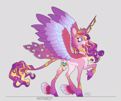 Size: 1920x1600 | Tagged: safe, artist:sakishithewolf, imported from derpibooru, princess cadance, alicorn, pony, blue eyes, crown, cute, digital art, ethereal mane, ethereal tail, eyelashes, fangs, female, flowing mane, flowing tail, gray background, hoof shoes, horn, jewelry, leonine tail, long hair, mare, open mouth, open smile, raised hoof, redesign, regalia, signature, simple background, smiling, solo, sparkles, spread wings, stars, tail, teeth, unshorn fetlocks, walking, wingding eyes, wings