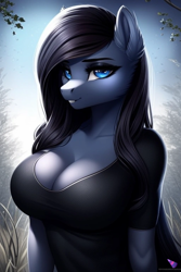 Size: 512x768 | Tagged: safe, imported from derpibooru, oc, oc only, unnamed oc, anthro, ai content, ai generated, anthro oc, big breasts, breasts, busty oc, cleavage, clothes, eyebrows, female, generator:purplesmart.ai, generator:stable diffusion, grin, looking at you, mare, sexy, smiling, smiling at you, solo