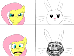 Size: 830x630 | Tagged: safe, imported from derpibooru, angel bunny, fluttershy, creepy, horrified, horror, nightmare fuel, simple background, smiling, stare, stare down, white background