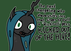 Size: 2048x1455 | Tagged: safe, artist:ewoudcponies, imported from derpibooru, queen chrysalis, changeling, changeling queen, female, green background, rickroll, simple background, solo