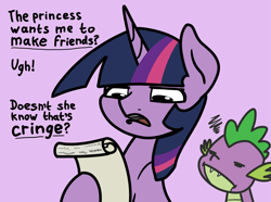 Size: 2048x1523 | Tagged: safe, artist:ewoudcponies, imported from derpibooru, spike, twilight sparkle, dragon, pony, unicorn, female, male, purple background, scroll, simple background, spike is not amused, unamused, unicorn twilight