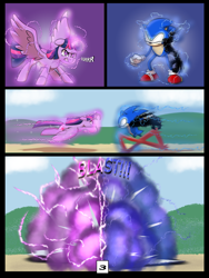 Size: 7500x10000 | Tagged: safe, artist:chedx, imported from derpibooru, twilight sparkle, alicorn, anthro, hedgehog, pony, comic:learning with pibby glitch battles, comic, commission, explosion, fanfic, female, male, mare, multiverse, sonic the hedgehog, sonic the hedgehog (series), twilight sparkle (alicorn)