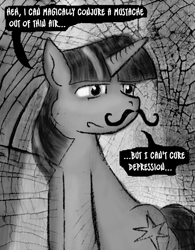 Size: 625x800 | Tagged: safe, artist:owlor, imported from derpibooru, twilight sparkle, pony, fake moustache, monochrome, solo