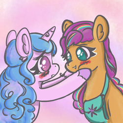 Size: 2160x2160 | Tagged: safe, artist:limitmj, imported from derpibooru, izzy moonbow, sunny starscout, earth pony, pony, unicorn, blushing, female, g5, heart, heart eyes, izzyscout, lesbian, mare, pink background, shipping, simple background, squishy cheeks, wingding eyes