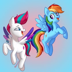 Size: 2500x2500 | Tagged: safe, artist:hexecat, imported from derpibooru, rainbow dash, zipp storm, pegasus, pony, colored wings, duo, duo female, eyebrows, female, flying, g5, gradient background, high res, mare, multicolored wings, open mouth, open smile, signature, smiling, spread wings, wings, zipp and her heroine